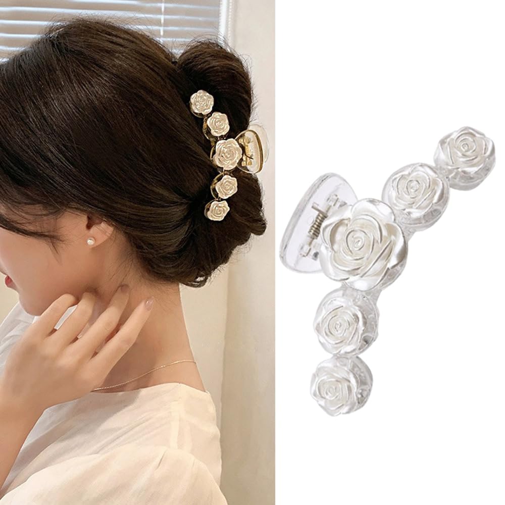 S.A.V.I White Rose Flower Hair Clip for Women Girls | Elegant 10 cm Floral Claw Clip | Stylish Hair Accessory for Party, Wedding | Lightweight Durable Design - 1 Pc