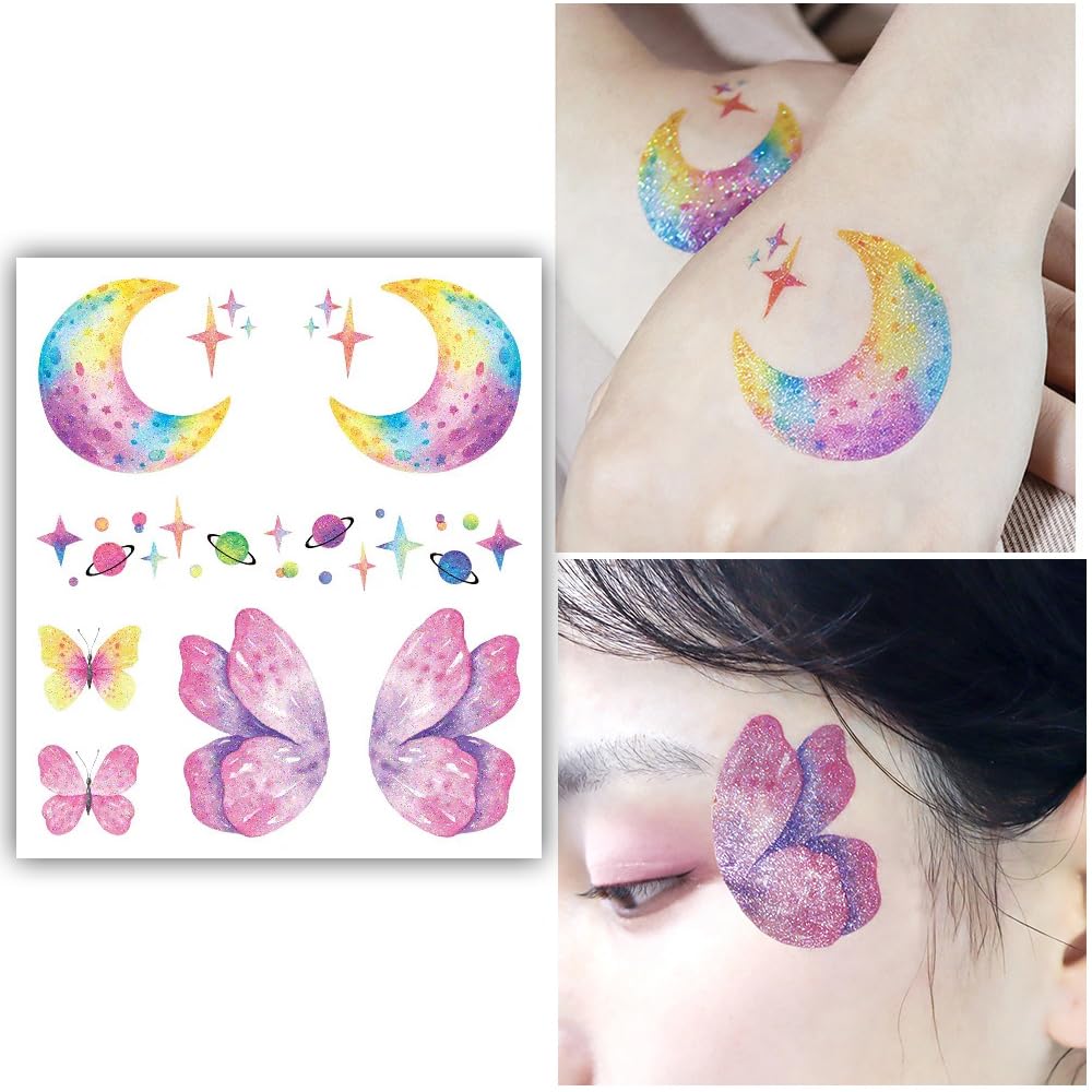 S.A.V.I Glitter Tattoo Sticker for Women - Waterproof Butterfly, Stars, Moon Planets for Eye Face Body Makeup