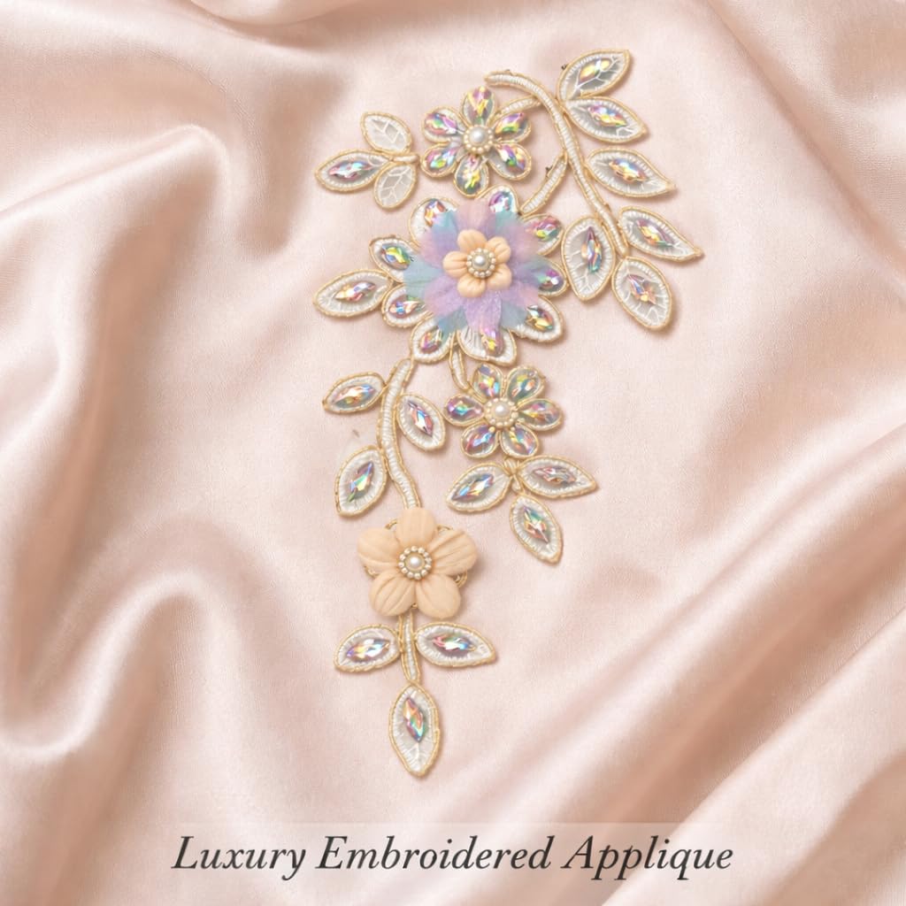 S.A.V.I Platinum Pastel Lavender Floral Vine Embroidered Applique Sew-On Patch, 27 x 14 cm, Beaded Pearl & Stone Work for Ethnic, Bridal & Evening Crafting (Left, Platinum, OneSize)