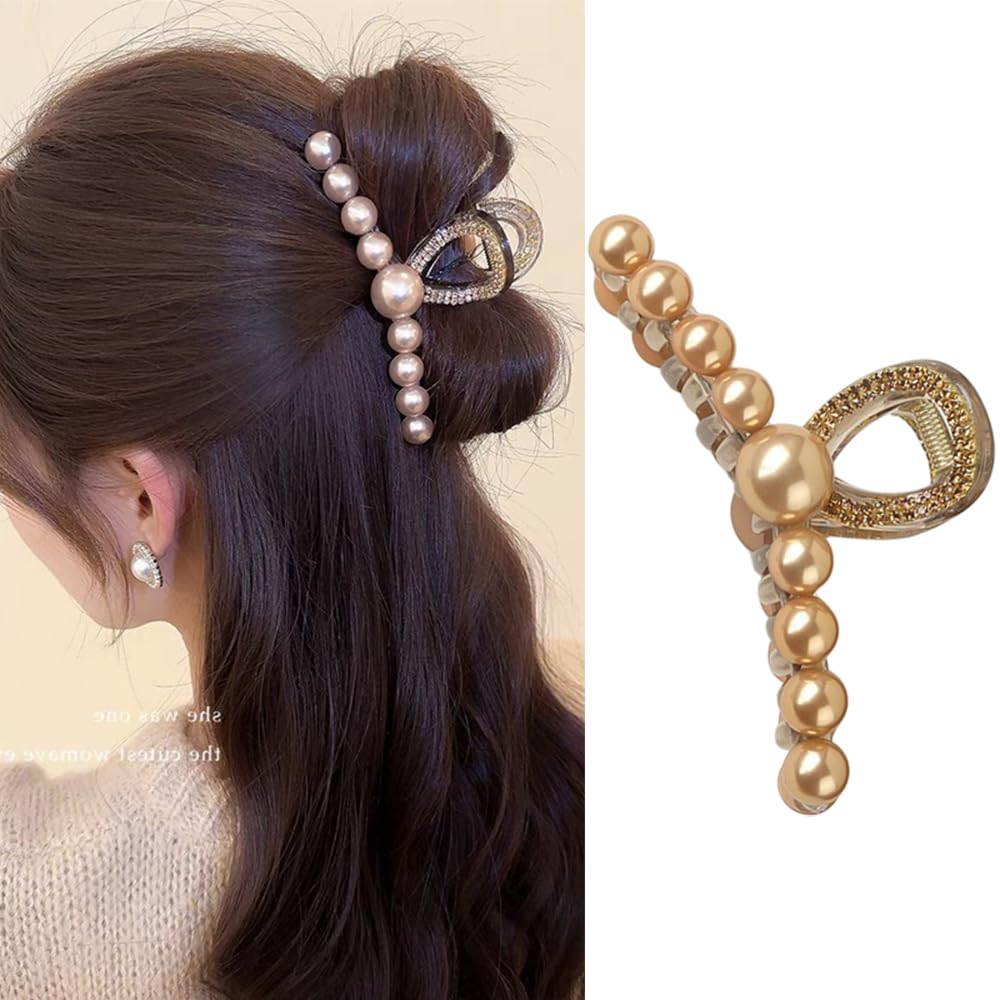 S.A.V.I Elegant Gold Pearl Hair Claw Clip for Women Girls | Rhinestone Hair Clutcher for Thick Hair | Stylish Durable Hair Accessory for Party, Wedding | Large 11cm Hair Clip for Strong Hold