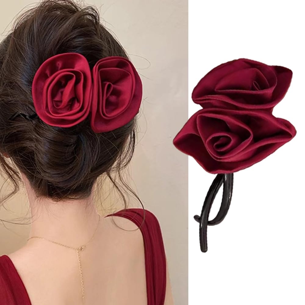 S.A.V.I Red Satin Rose Hair Clip for Women Girls | Elegant Floral Hair Accessory for Weddings, Parties Daily | Stylish Rose Design Claw Clip for Strong Grip | Trendy Durable Hair Clutcher
