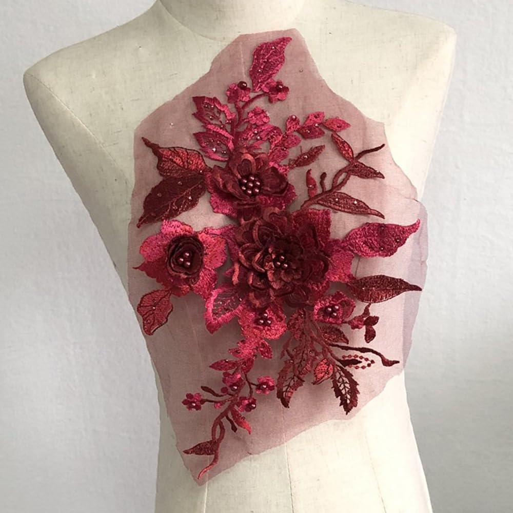 S.A.V.I 3D Floral Lace Applique Patch – Handcrafted Beaded Sequined Embroidery (14.5x9 in) for Bridal Wear, Sarees, Lehengas, Gowns, Blouses DIY Craft Sewing – 1PC Elegant Fabric Patch (Red)