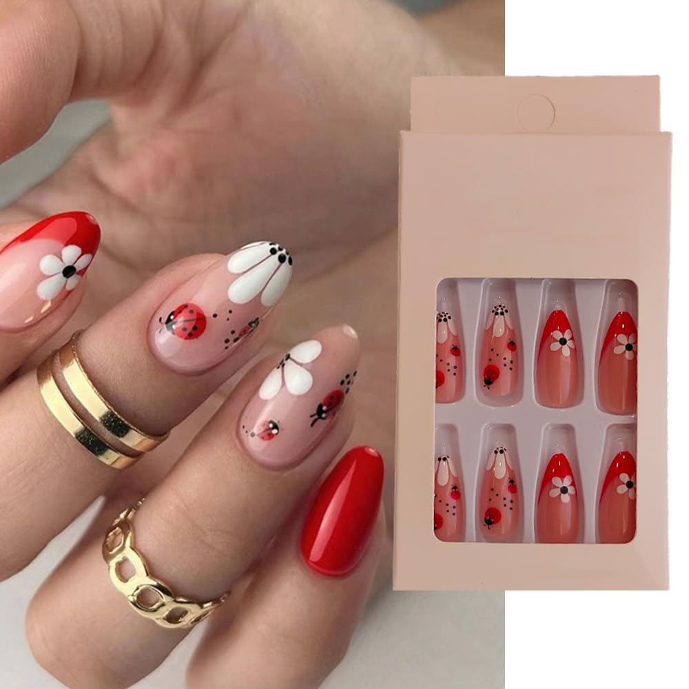 S.A.V.I 24Pc Floral Print Press-On Nails - Nude Red Long Round, Adhesive Tabs