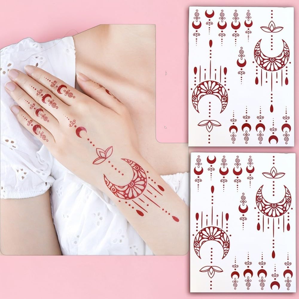 S.A.V.I 2Pcs Natural Islamic Henna Mehndi Temporary Tattoo Stickers for Women – Crescent Moon, Mosque & Mandala Design, Waterproof Skin-Safe Transfer Body Art for Eid, Nikah & Festivals (#55)