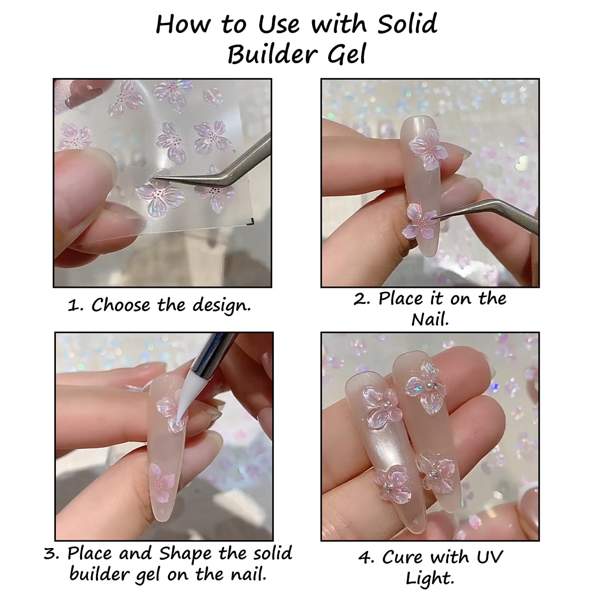 S.A.V.I 4 Sheets - 3D Floral Nail Art Stickers – Pearl White & Pastel Pink Blue Acrylic Flower Designs, Self-Adhesive Sheets 7×9 cm for DIY Salon-Style Nails at Home