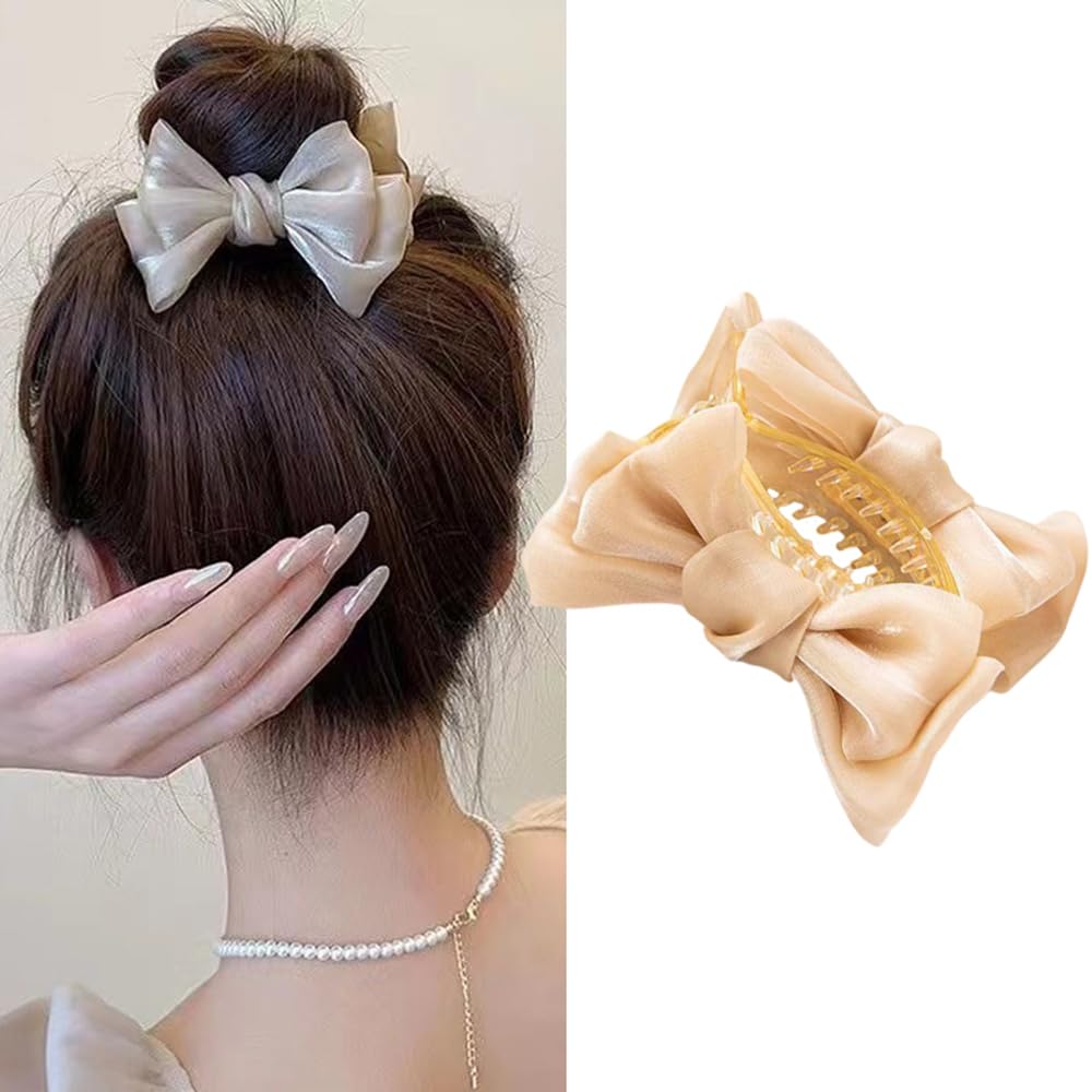 S.A.V.I Beige Bow Hair Claw Clip for Women Girls | Elegant Satin Silk Updo Clutcher | Strong Hold, Non-Slip Grip | Stylish Hair Accessory for Weddings, Parties Daily