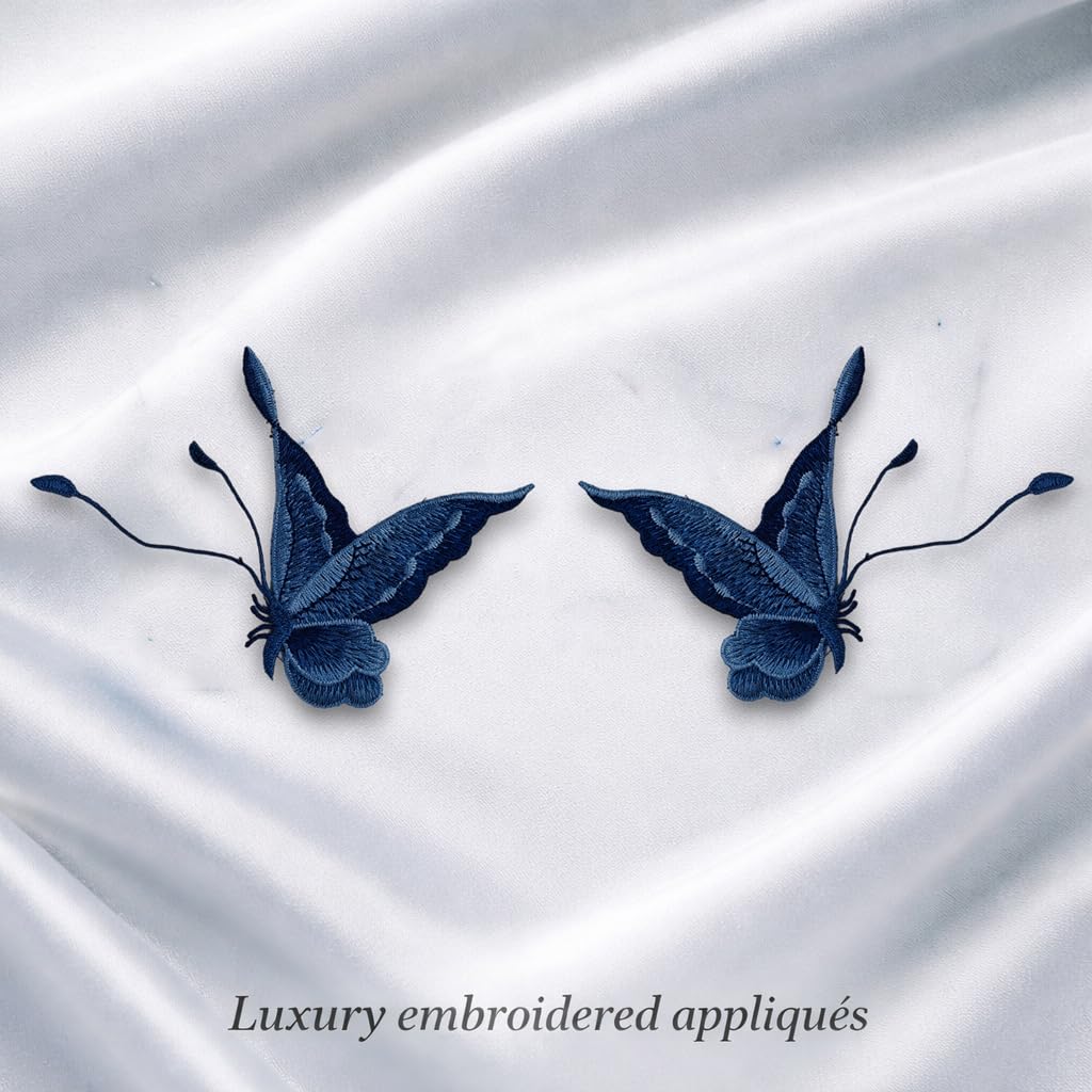 S.A.V.I Blue Embroidered Butterfly Applique Patch Pair (Left & Right), Sew-On Fabric Motif 12.5 x 9.3 cm, Thread Work for Dresses, Shirts, Denim & DIY Fashion (Blue)
