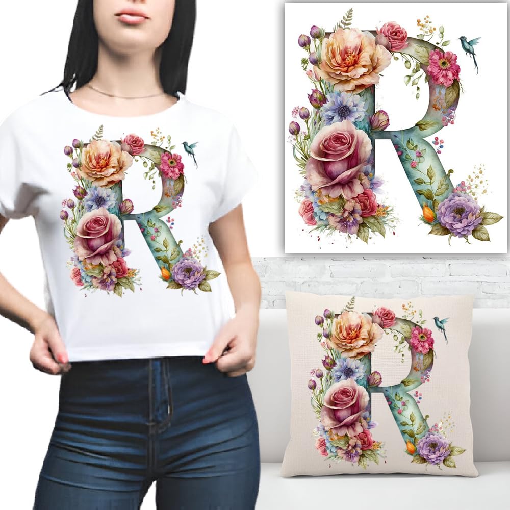 S.A.V.I 1PC Floral Alphabet Iron-On Patch – Washable Heat Transfer Sticker for DIY T-Shirts, Jeans, Pillows, Backpacks, Hats – Easy Applique with Beautiful Flower Design – Clothing Accessories Patch (R)