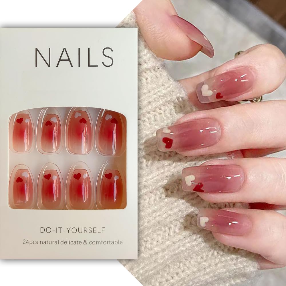 S.A.V.I 24 PCS Heart Print Long Square Press-On Nails - Reusable with Glue Tape