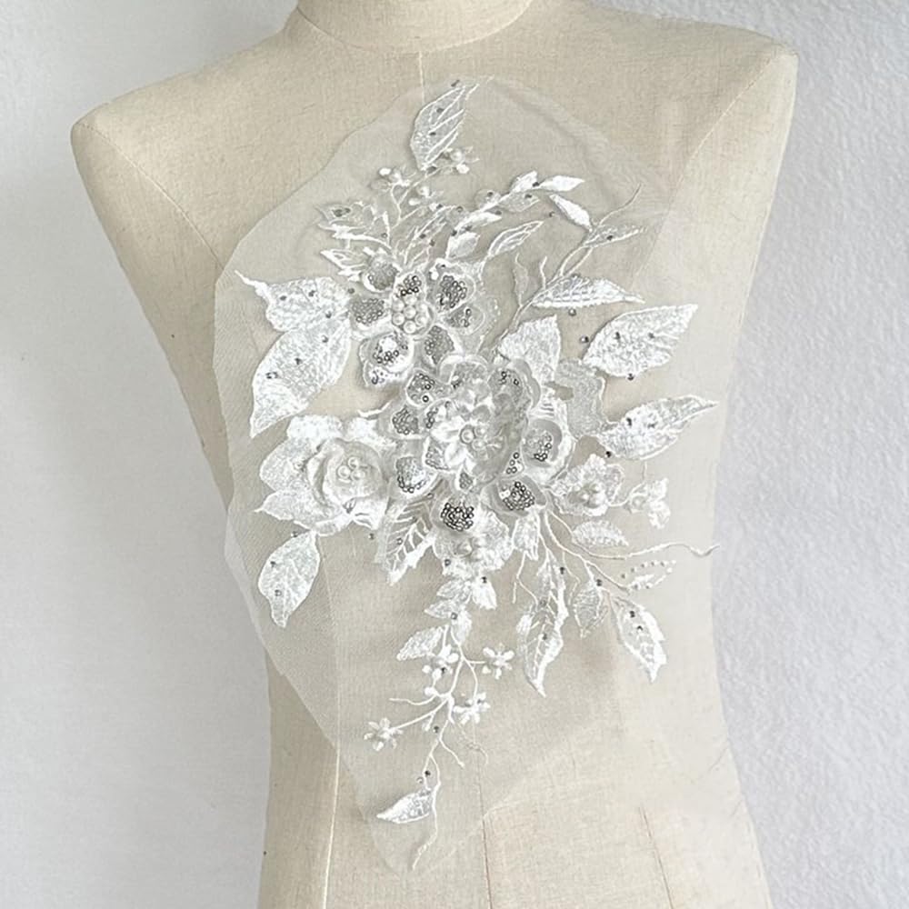 S.A.V.I 3D Floral Lace Applique Patch – Handcrafted Beaded Sequined Embroidery (14.5x9 in) for Bridal Wear, Sarees, Lehengas, Gowns, Blouses DIY Craft Sewing – 1PC Elegant Fabric Patch (White)