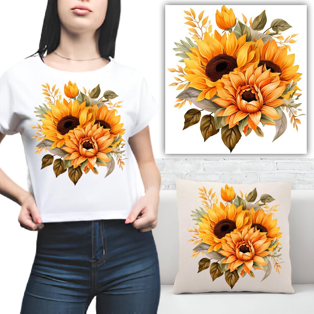 S.A.V.I Sunflower Iron-On Patch for T-Shirts, Hoodies, Denim, Pillows | DIY Washable Heat Transfer Sticker | 8.5x7 Inch Vibrant Floral Design for Customizing Clothing Accessories | Easy to Apply
