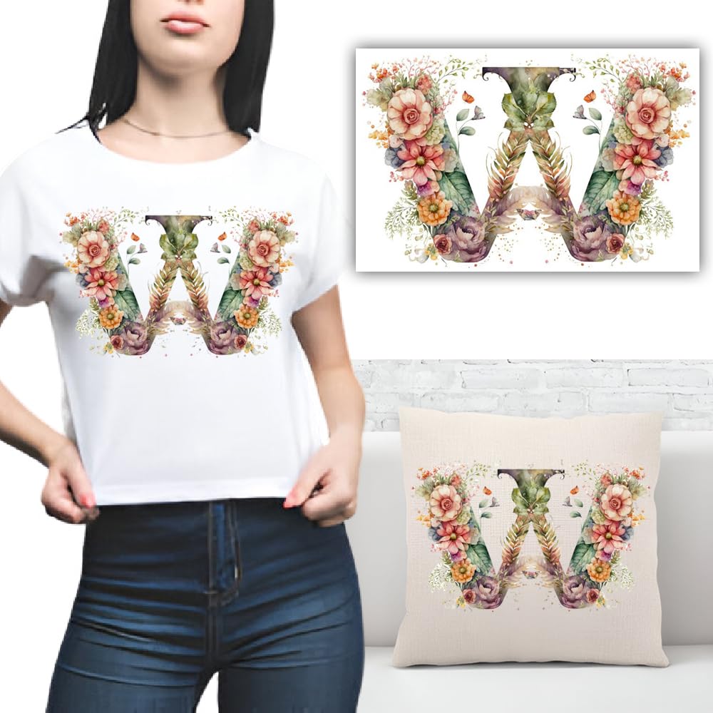 S.A.V.I 1PC Floral Alphabet Iron-On Patch – Washable Heat Transfer Sticker for DIY T-Shirts, Jeans, Pillows, Backpacks, Hats – Easy Applique with Beautiful Flower Design – Clothing Accessories Patch (W)