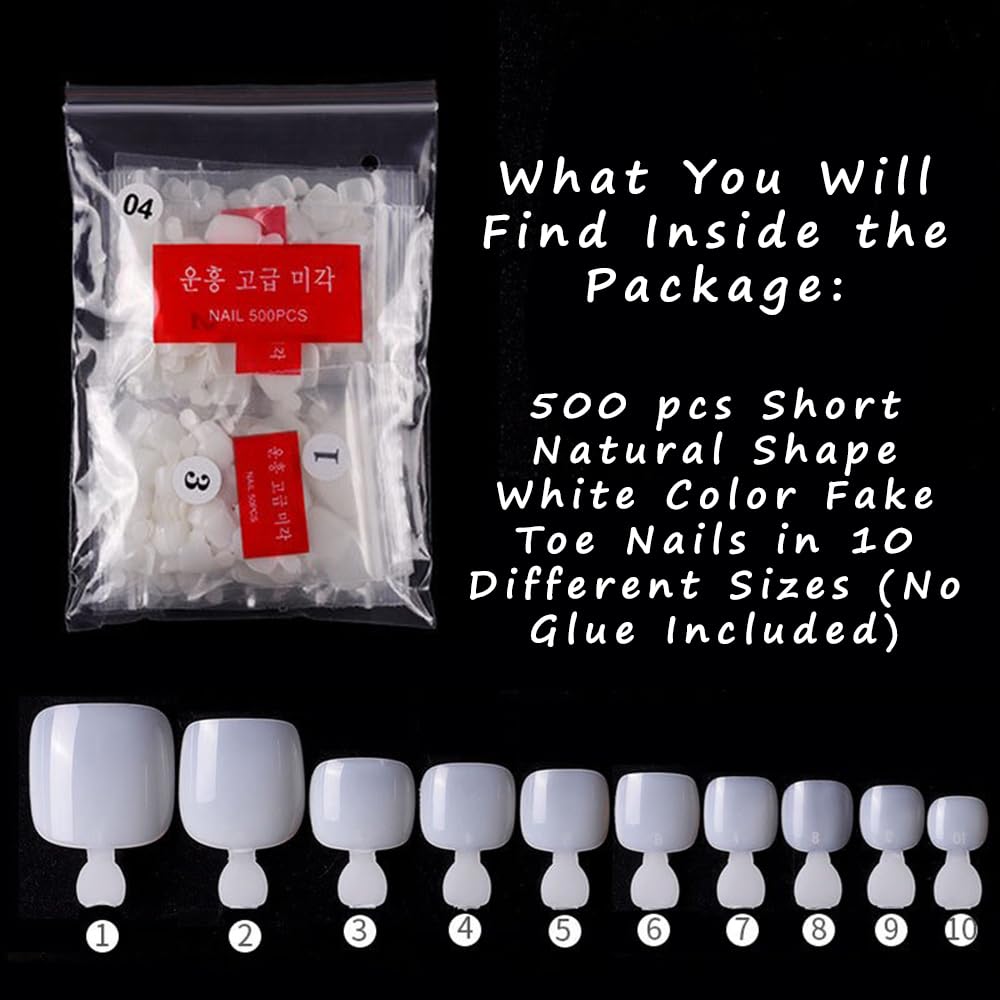 S.A.V.I 500 Pcs White Fake Toe Nails – Short Natural Shape, 10 Sizes – DIY Pedicure Artificial Toenails for Nail Art, Extensions Manicure – Durable, Easy to Apply, Salon-Quality False Nails for Women Girls