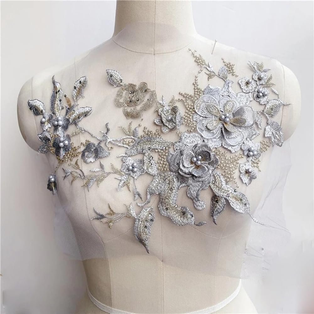 S.A.V.I 3D Floral Embroidered Applique Patch | Grey Silver Gold Mesh Lace | 14.17x9.8 in (36x25 cm) | DIY Bridal, Lehenga, Saree, Blouse, Gown, Ethnic Wear Craft Sewing Accessory