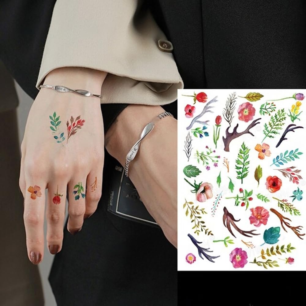 S.A.V.I Temporary Tattoo - Colorful Trees, Flowers Leaves Design, 21x15cm - For Men Women