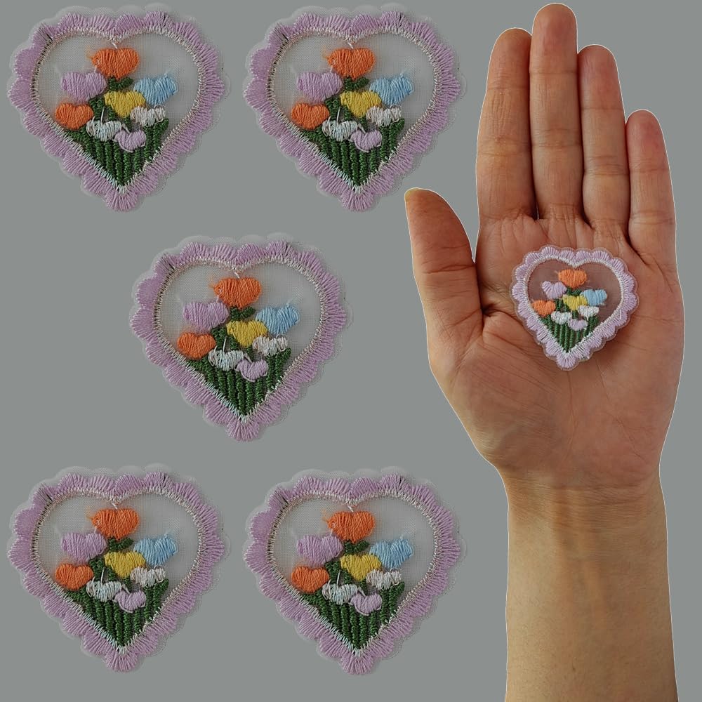 S.A.V.I Heart-Shaped Lavender Flower Non-adhesive Embroidered Patches - Set of 5 DIY Appliqués for Clothing like Dresses, Blouses, Scarves, Hats, Bags, Jackets, Vests, Skirts, T-Shirts, Sweaters, Tank Tops Accessories