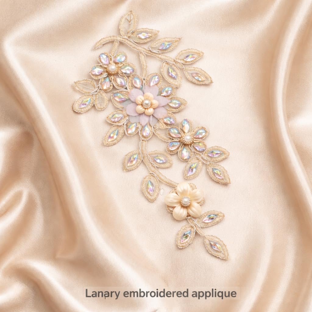 S.A.V.I Champagne Gold Crystal Floral Applique Patch 14 x 27 cm, Hand Embroidered Beaded Leaf Sew-On Design for Sarees, Gowns, Dresses & Kurtis (Left, Gold, OneSize)