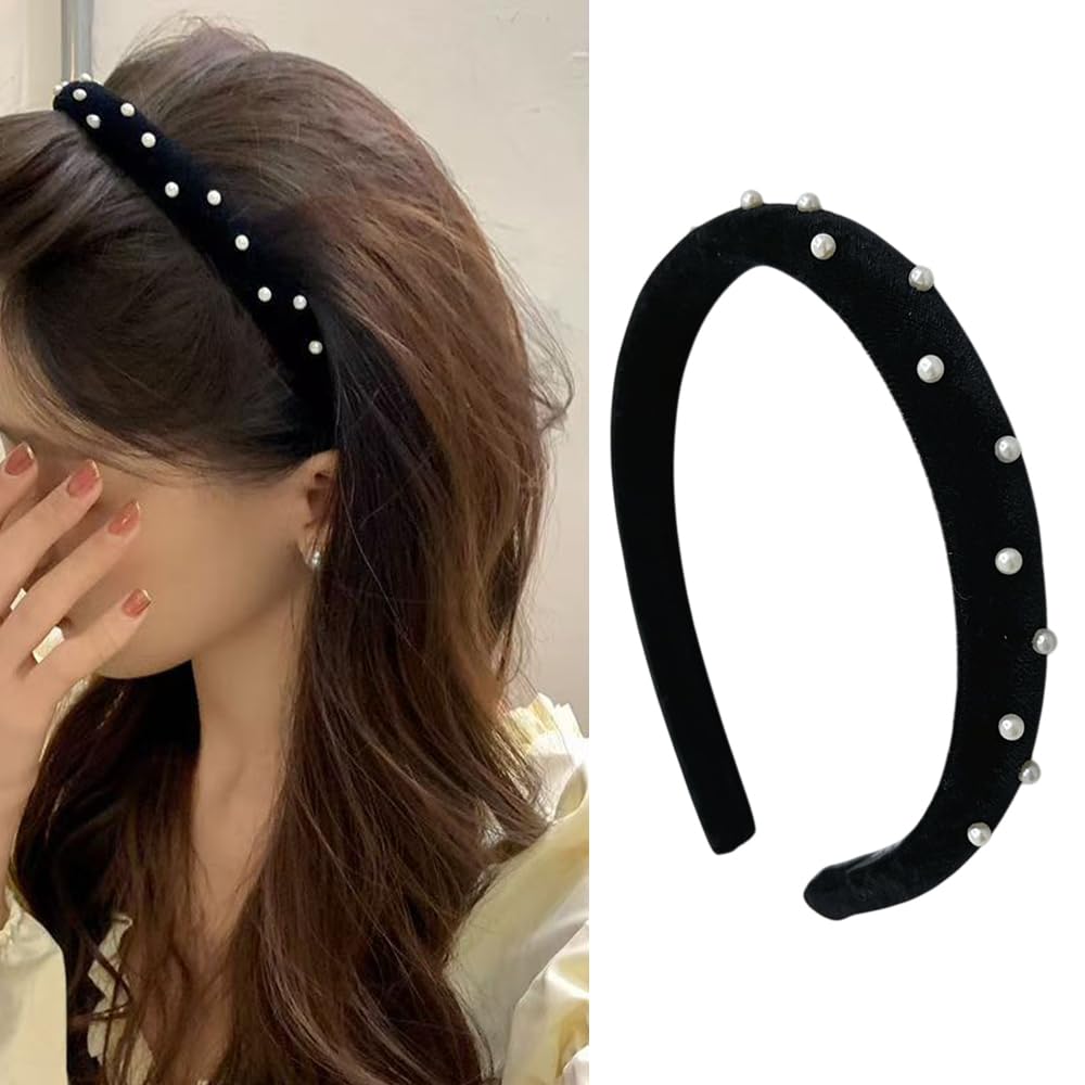 S.A.V.I Black Velvet Headband with Pearls for Women Girls | Elegant Wide Hair Accessory for Party Casual Wear | Soft, Comfortable Stylish Hairband | All Occasions