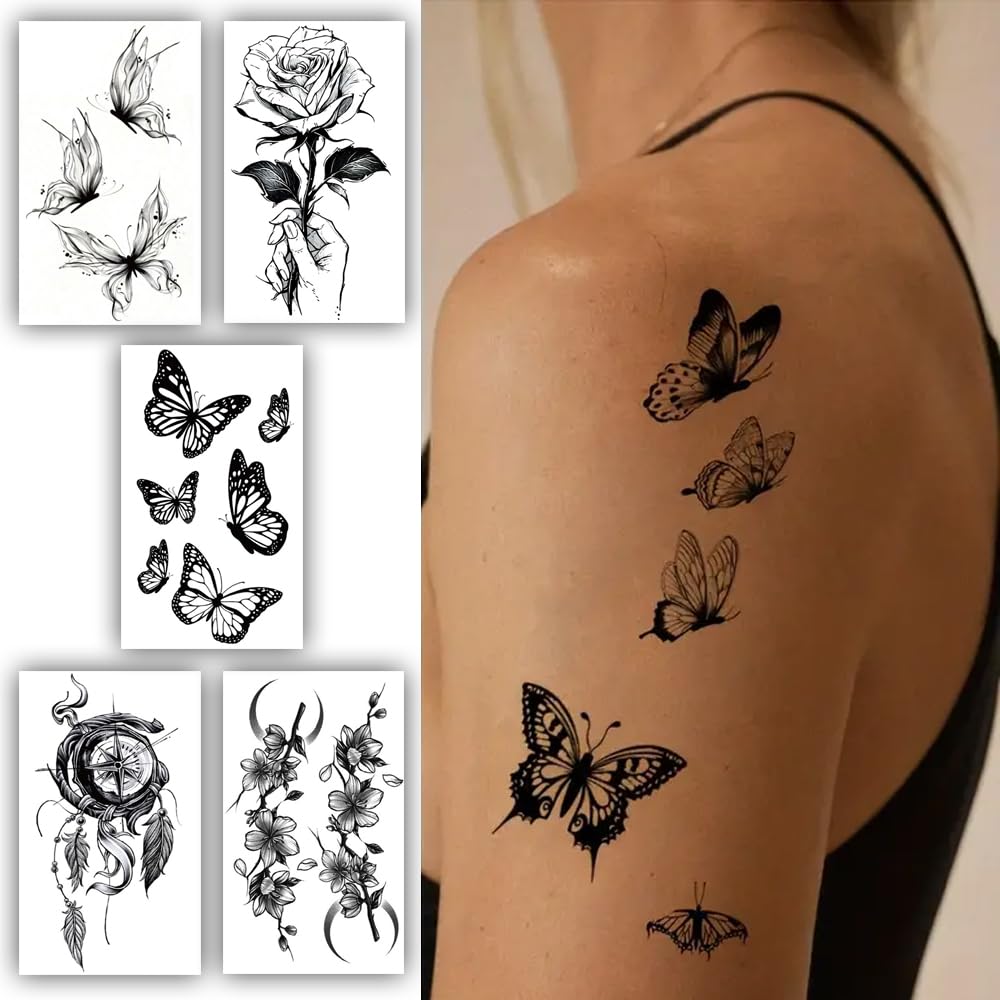 S.A.V.I 5 Sheets Temporary Tattoo Stickers for Women Men - 10.5X6cm Butterfly, Rose, Dreamcatcher, Floral Designs | Waterproof Long-Lasting Body Art | Easy to Apply Remove | Perfect for Parties Events