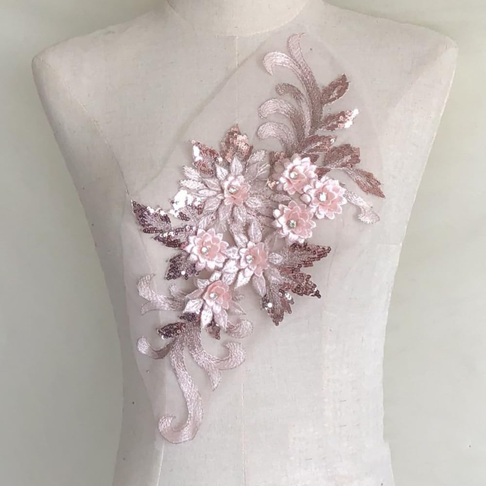 S.A.V.I 3D Floral Applique Patch Rose Gold | Embroidered Lace Mesh with Beads Sequins | 15.3x7.5 in for Bridal, Lehenga, Saree, Blouse, Gown, Dress, Craft DIY Sewing Accessory
