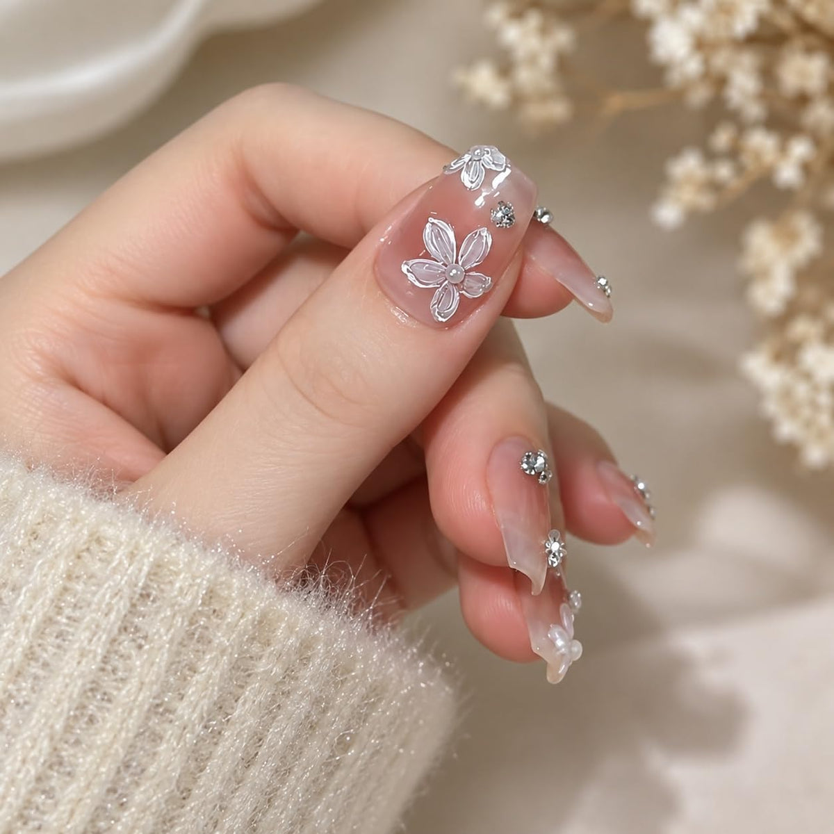S.A.V.I 3D Nail Art Stickers Self Adhesive Floral Decals, Pack of 3 | Iridescent Pink & Pearl White, 7 x 9 cm, DIY Manicure, Women & Girls, Flower Embellishments