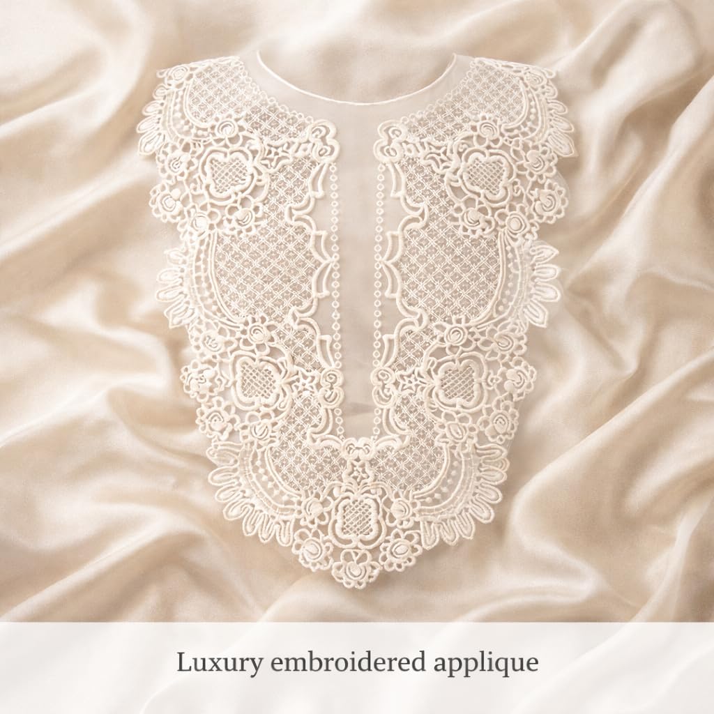 S.A.V.I White Floral Embroidered Lace Applique Neckline Patch 30 x 36 cm | Premium Mesh U-Neck for Gowns, Kurtis, Dresses & Ethnic Wear Sewing (Plain)