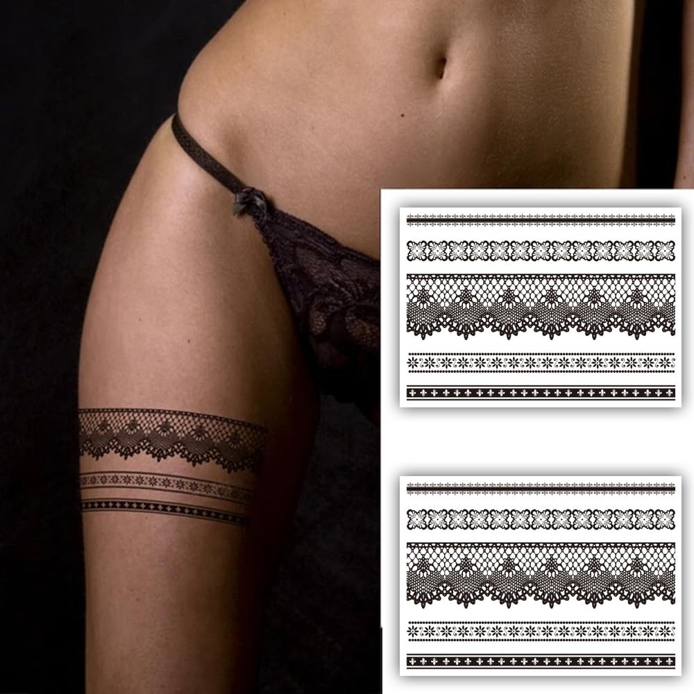 S.A.V.I 2 Sheets - Temporary Tattoo Stickers - Black Lace, Star, Floral, Snowflake Designs for Girls Women, 21x15 cm