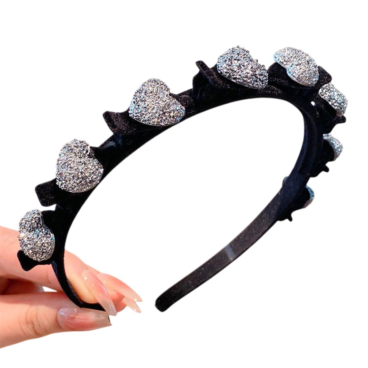 S.A.V.I Velvet Korean Style Hairband for Women – Black Headband with Silver Glitter Heart Design | Stylish Party Hair Accessory | Lightweight & Comfortable Fit