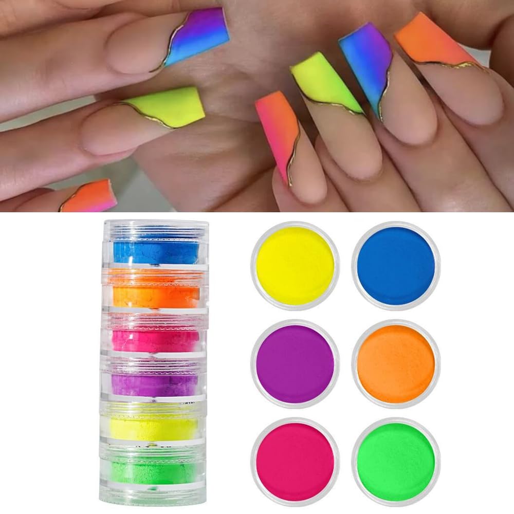 S.A.V.I 6 Jars Neon Nail Pigment Powder Set - Fluorescent DIY Nail Art Decoration (Yellow, Blue, Orange, Purple, Pink, Green) - 35g Each | Vibrant UV Gel, Acrylic Colors | Long-Lasting, Easy to Use