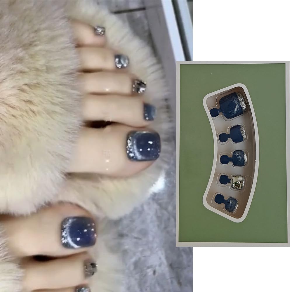 S.A.V.I 24 PCs Cat's Eye Toe Nails | Bluish-Grey with Rhinestones | DIY False Toenail Set | Natural Shape, Stylish Comfortable | Perfect for Indian Festive Looks | Easy Application Nail Art Kit