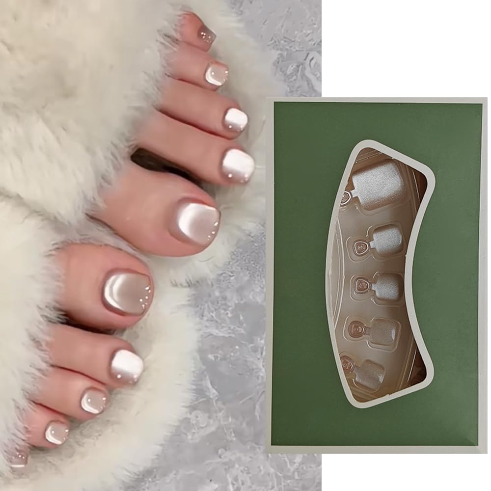 S.A.V.I 24 PCs Short Nude Cat's Eye Toe Nails | Natural Shape False Nails for DIY Pedicure | Comfortable, Easy-to-Apply Fake Toe Nails for Women Girls | Glossy Finish, Salon-Style Perfection