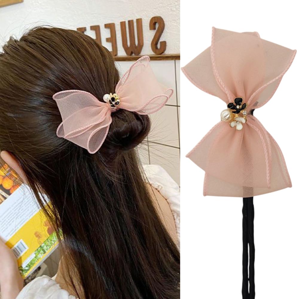 S.A.V.I Pink Lace Bow Hair Clip for Women Girls | Stylish Floral Design with Pearl Accent | Elegant Hair Accessory for Casual Party | Soft Fabric, Comfortable Fit | 32cm Hair Bow Clip - 1 Pc