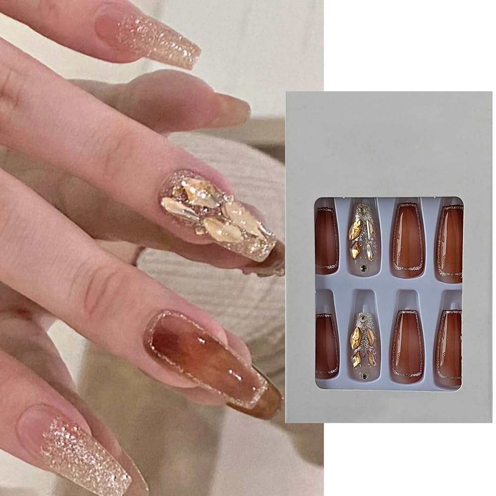 S.A.V.I 24 PCs Long Coffin Shape Press-on Fake Nails - Brown and Glitter Gold Color with 3D Big Crystal - DIY Manicure, Durable Reusable Nail Art, Perfect for Any Occasion