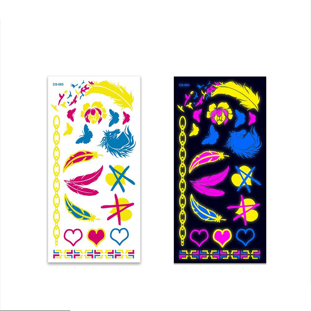 S.A.V.I Neon Temporary Tattoos, Glow UV Tattoo Neon Body Face Skin, Feathers, Hearts Tattoos Flash Fake Waterproof Tattoo Stickers for Women Men Girls Body Art, Size- 21x10.5CM