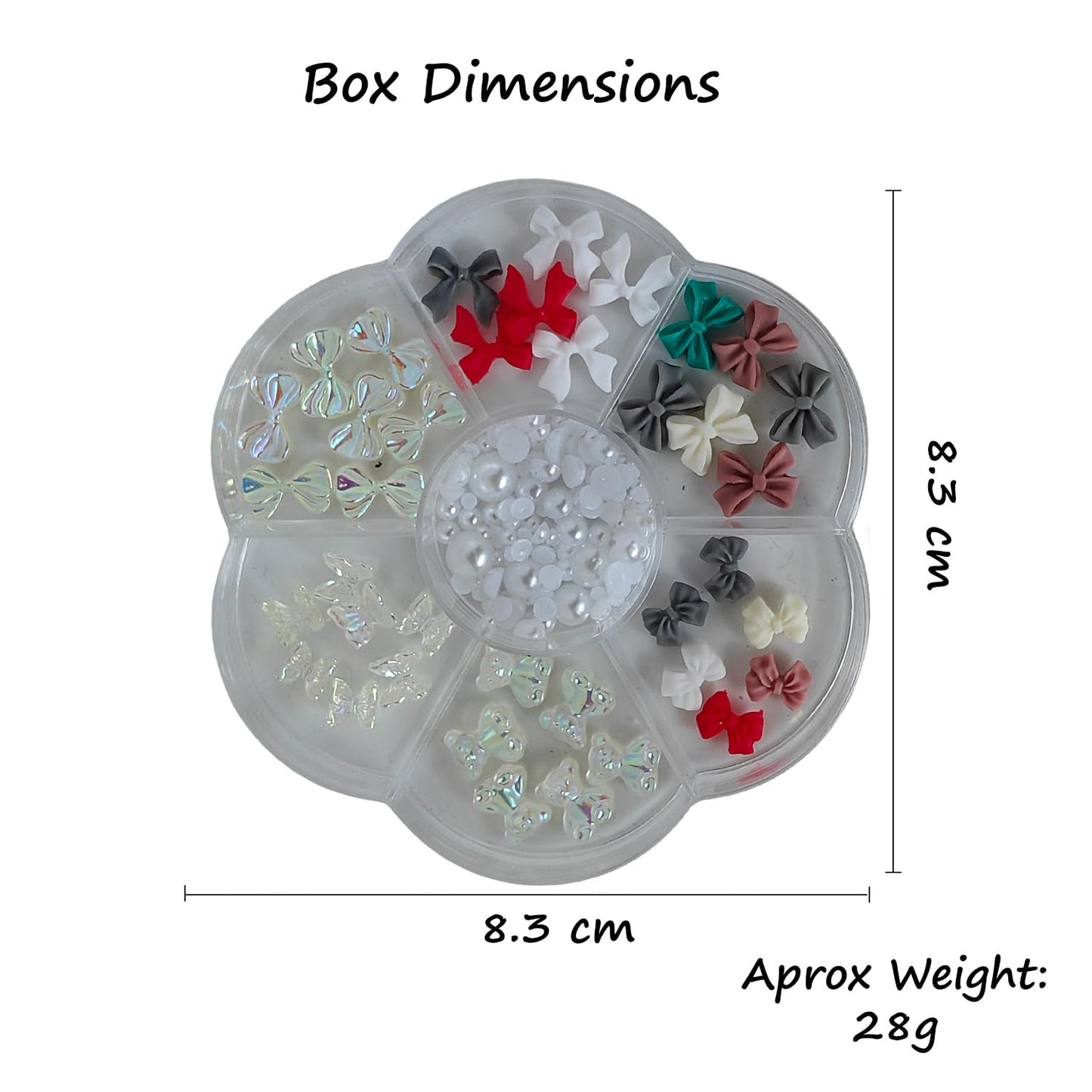 S.A.V.I DIY Nail Art Charms Set with Multicolour Resin Bows, Butterflies, Teddy Bear & Flat-Back Pearls | 7-Section Round Storage Box 8.3 cm | Nail Decoration Kit 38 pcs