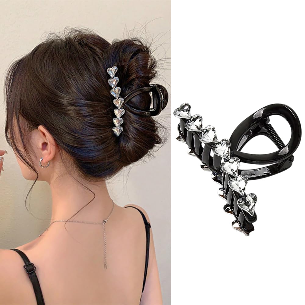 S.A.V.I Luxury Black Hair Claw Clip for Women | Heart Crystal Studded Big Hair Clutch | Strong Grip Elegant Design | Stylish Juda Bun Holder | Diamond Sparkle Look Hair Accessory | Trendy Party Clip