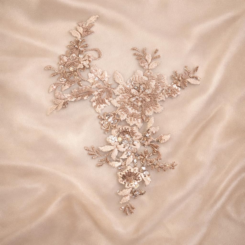 S.A.V.I Champagne Floral Lace Applique Patch 25x29 cm, Sew-On Embroidered Net with Beads & Sequins, V-Shaped Designer Motif for Bridal Gowns, Blouses & Couture Dresses (Champagne)