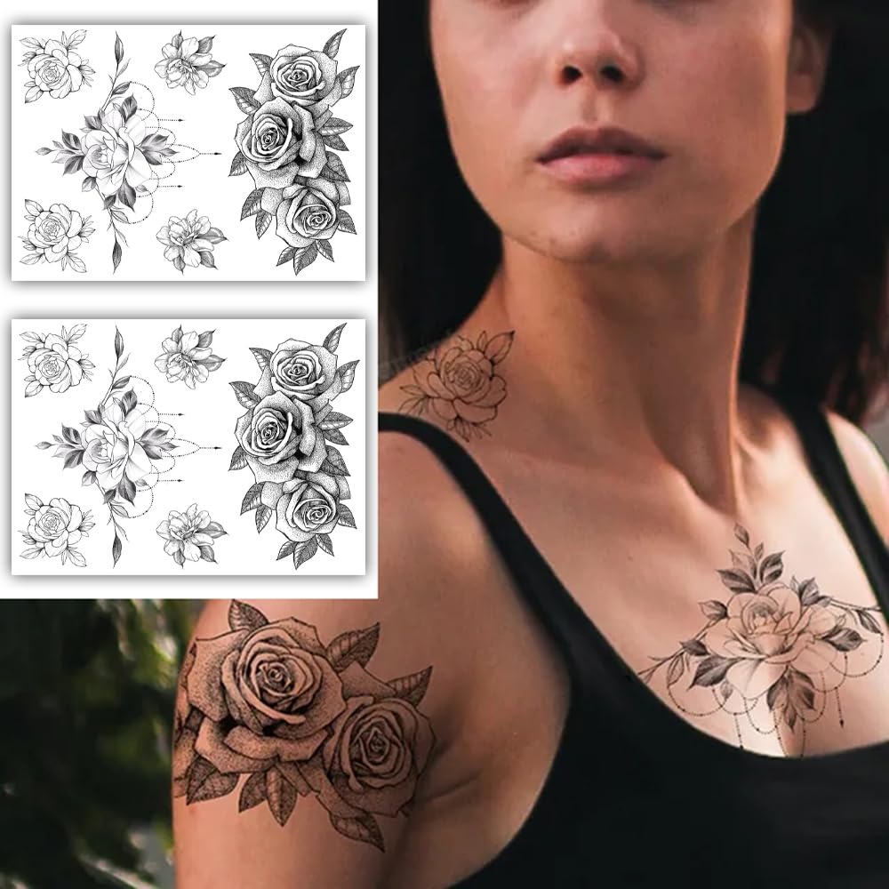 S.A.V.I 2PCS, Realistic Rose Temporary Tattoos for Men Women, 22x15cm, Detailed Illustrations, Waterproof