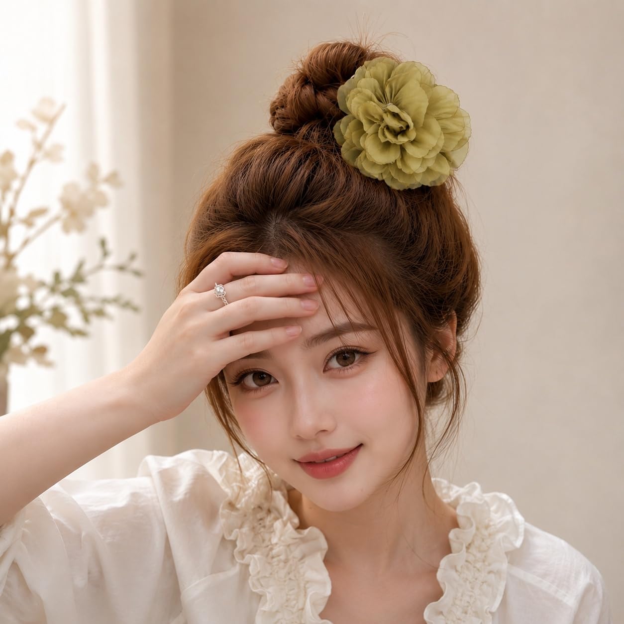 S.A.V.I Floral Hair Claw Clip for Women, Olive Green, 8 cm | Lightweight Mesh, Strong Grip, Everyday Styling, Office & Party Use, Blossom Design
