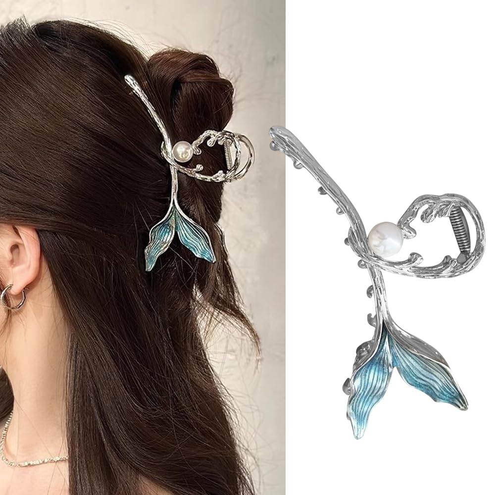 S.A.V.I Silver Blue Mermaid Tail Hair Clip | Stylish Metal Hair Clutch with Pearl Enamel Finish | Elegant Hair Accessories for Women | Festivals, Weddings | 13cm Large Design