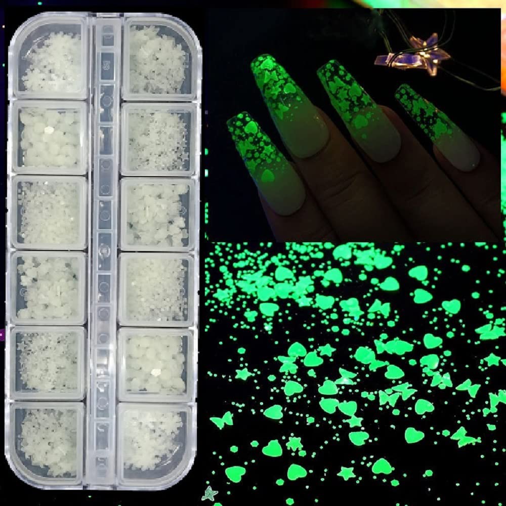 S.A.V.I 12 Grids 6 Different Shapes Butterfly Star Heart Snowflake Glow in the Dark Luminous Sequins