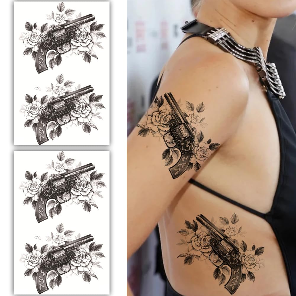 S.A.V.I 2 Large Sheets Black Vintage Revolver Rose Temporary Tattoos (19x12cm) for Men Women - Waterproof Long-Lasting Realistic Gun Tattoo Stickers for Arm Body Art