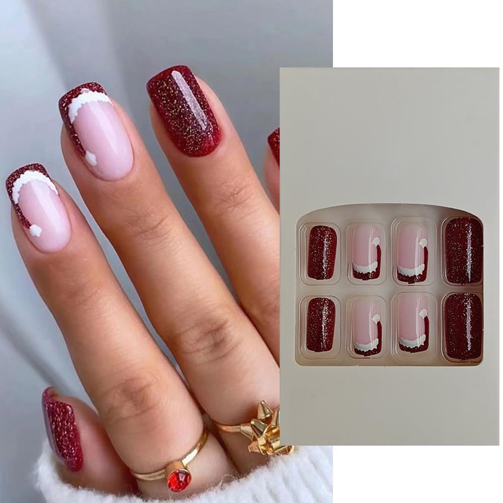 S.A.V.I 24 PCs Medium Square Santa Hat Design Fake Nails - Red Nude Glitter Christmas Nails for Women | DIY Press-On Nails for New Year Party | Natural, Delicate, Comfortable