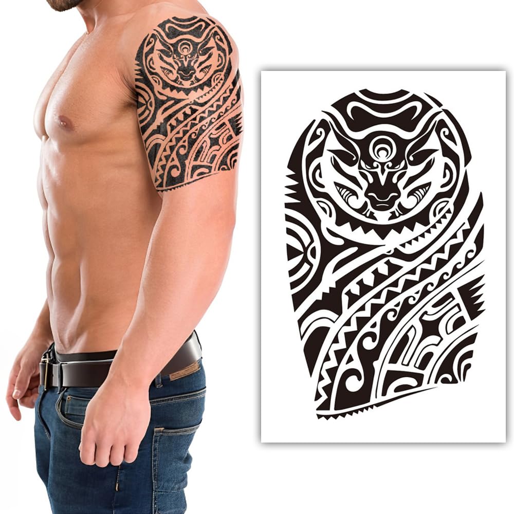 S.A.V.I Tribal Tiger Arm Temporary Tattoo Sheet | Bold Black Waterproof Design | 21x15 cm | Easy-to-Apply Durable Body Art for Men | Fashion Event Ready