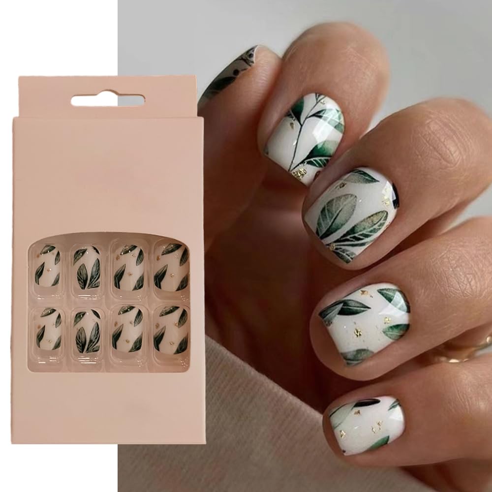 S.A.V.I Green Leaf Glitter Press-On Nails - 24 PCs Short Square, Adhesive Tabs Glue Included