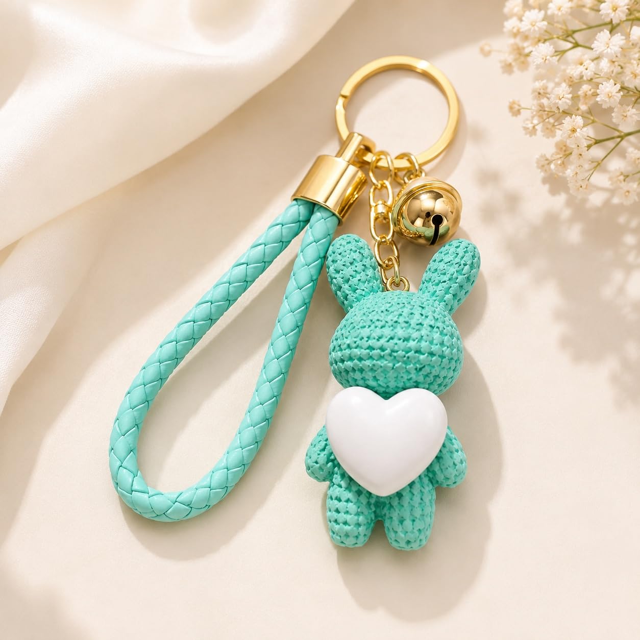 S.A.V.I Resin Bunny Keychain Rabbit Bag Charm Mint Green & Gold | 7 cm Heart Pendant, with Wrist Strap, for Handbags & Backpacks, Gold Finish, for Women