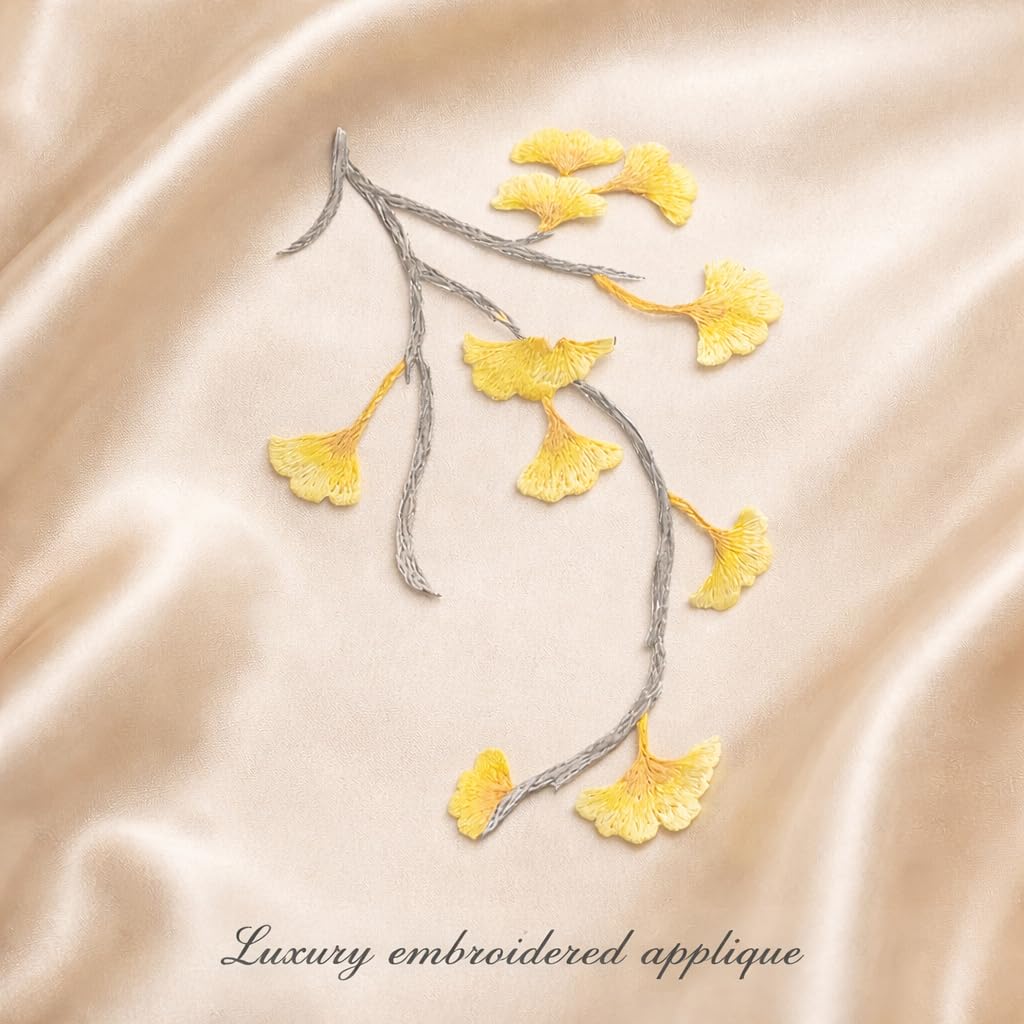 S.A.V.I Iron-On Embroidered Ginkgo Leaf Appliqué Patch Yellow Grey Floral Branch Design Fabric Embroidery 12.7 x 17.9 cm for Dresses Sarees Kurtis DIY Craft (Left)
