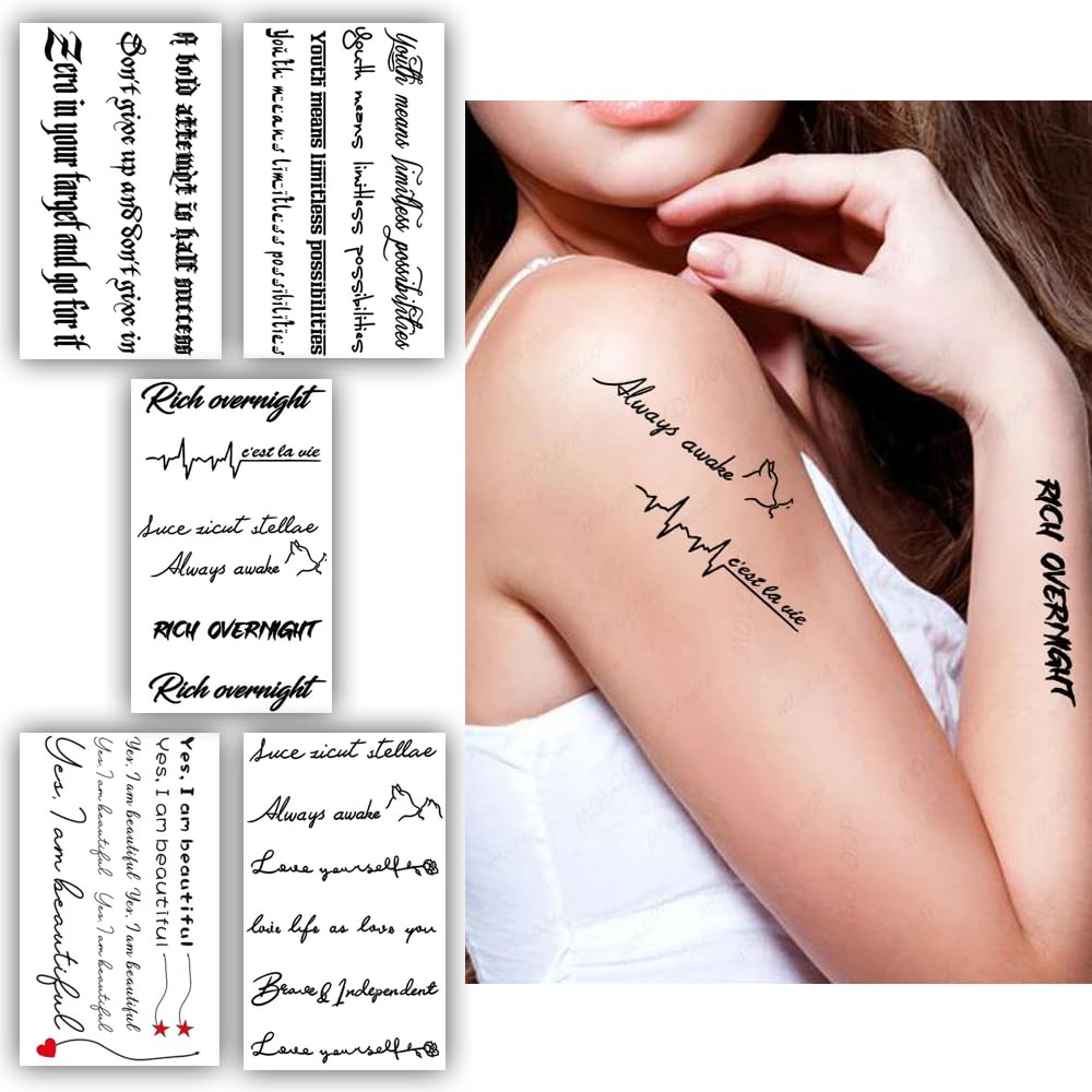 S.A.V.I Set of 5 Waterproof Temporary Tattoo Sheets for Men Women | Inspirational Quotes Motivational Designs | 10.5X6cm Long-lasting Body Art Stickers | Perfect for Parties, Festivals Events