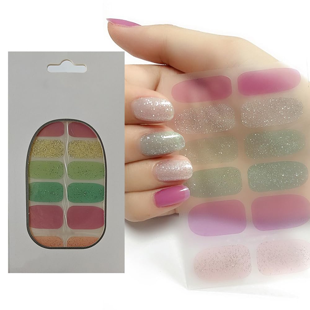 S.A.V.I 12 Pcs - Nail Stickers Pink, Green, Nude Silver Glitter, Gel Effect, Full Cover Adhesive Nail Wraps, Long-Lasting Shine, Easy Application