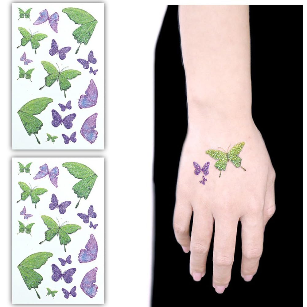 S.A.V.I Glitter Butterfly Temporary Tattoo Stickers – 2PCS Multicolor Green Purple Shimmering Waterproof Tattoos for Kids Adults, Hands, Arms Body Art Decoration, Easy Application Removal (12x7.5cm)